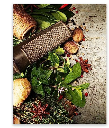 SMTDeco Herdabdeckplatte 30×40 cm – Mehr Arbeitsfläche, Spritzschutz & Schneidebrett – ESG Glas, kratzfest – für Induktion/Ceranfeld – 1-teilig, Motiv Kräuter Grau
