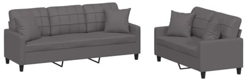 vidaXL Sofagarnitur 2-TLG., Sessel Couch mit Kissen, Sofa Wohnzimmersofa mit Armlehnen, Couchgarnitur Designsofa Sitzmöbel Polstermöbel, Grau Kunstleder