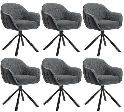 WOLTU Esszimmerstühle drehbar 6er Set, Stuhl Esszimmer, Drehstuhl, Armlehnstuhl, Küchenstühle mit Armlehnen, Polsterstuhl, Sessel, Kunstleder Chenille Metallbeine, Dunkelgrau Anthrazit, EZS04dgr-6