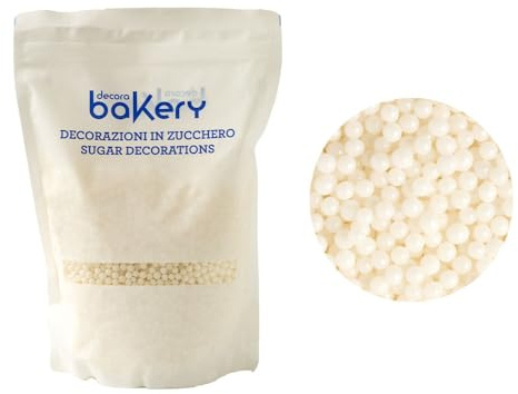 Decora, 5081163 Confezione da 1 Kg Perle di Zucchero Bianco Brillante, da 5 Mm, pronte all'uso, per decorare facilmente torte e dolcetti, Made in Italy