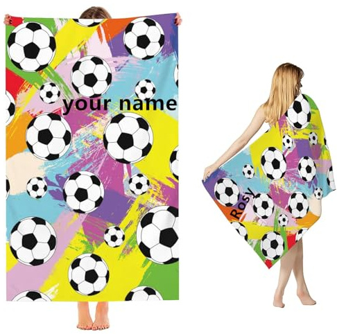 Fadaing Personalisiert Fußball Strandtuch Mit Namen, Fußball Handtuch mit Namen Badetuch für Jungen, Mikrofaser Fußball Strandtuch Groß 90x180cm Badetuch Handtuch (100 x 200 cm,1)