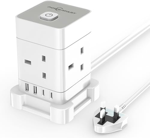 PowerFast 4 Way Multi Plug Extension Socket Power Strip, Cube Extension Lead with USB Slots, 3M USB Extension Cable,2 USB-C,2 USB-A, Child Safety Surge Protected Extension Cord with Switch (White, 3M)