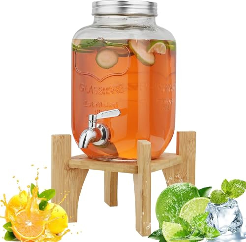 Hiziwimi 8 L Glas Getränkespender mit Zapfhahn & Bambusständer für Partys | Wasserspender Glas, Glasbehälter, water dispenser für Saft, Eistee, Limonade, hausgemachten Tee, kalte Getränke, max. 45 °C
