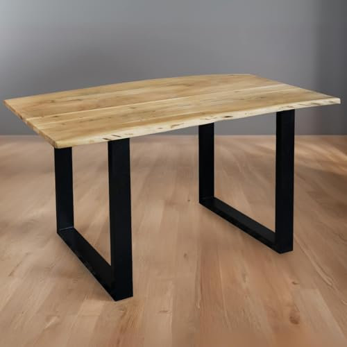 trelevo Esszimmertisch 180x90 cm, Akazienholz massiv 26mm, Tischplatte naturfarben, echte Baumkante, U-Gestell schwarz, Baumkantentisch