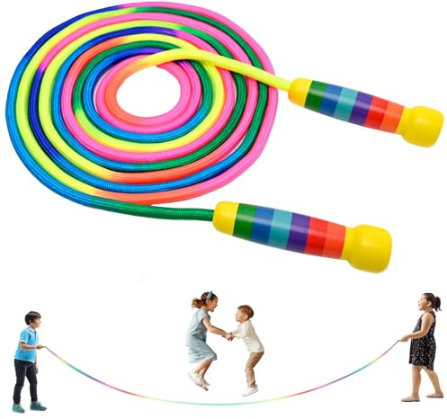 Springseil Kinder Lang, 5M Seilspringen für Mehrspieler, Regenbogen Gruppen Seil mit Holzgriff für Kinder und Erwachsene