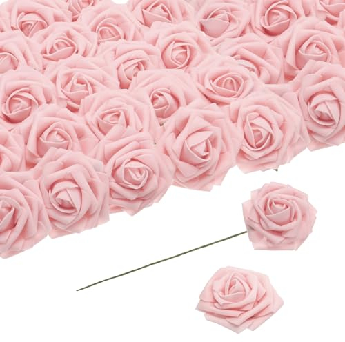 QUARKZMAN 25 Stück Schaumrosen Künstliche Blumen, Gefälschte Rosen mit Stielen Schaum Real Touch Faux Rosen für Hochzeit Party Büro Duschen Hausdekoration, Champagner Pink