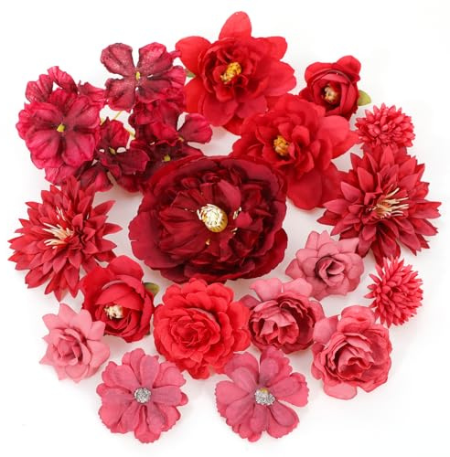 MWOOT 17 Stück Künstliche Blumenköpfe, Kunstblumen für Handwerk, Gefälschte Rosen Pfingstrose Seerose für DIY Hochzeit Party Festival Haus Garten Dekoration, Kunstblumen Deko(Rot)