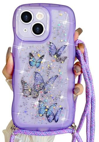 Yzniyzce Crossbody Case for iPhone 15 6.1'', Hands-Free Bling Silicone Cute Curly Wave Glitter Pink Butterfly Design Clear Detachable Lanyard Cover with Adjustable Strap Cord for Woman Girls, Purple