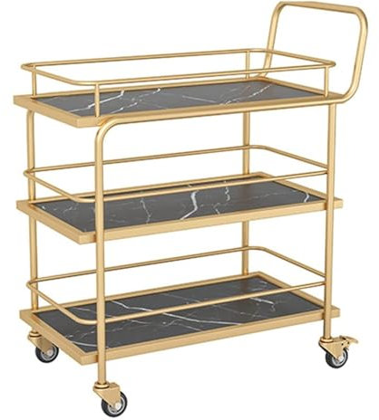 Luxuriöser goldener Barwagen auf Rädern mit feststellbaren Rollen, 3 Etagen, Servierwagen für Küche und Wohnzimmer, Mehrzweck-Aufbewahrungsregal, elegantes Holz- und Metall-Design, stilvolles