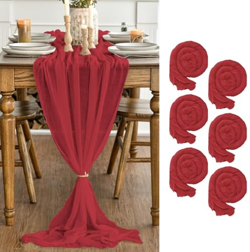 Artoid Mode Boho Gaze Käsetuch Rot 6 Stück Tischläufer 90x300 cm, Küche Tisch Dekoration Drinnen Urlaub Hochzeit Party Geburtstag Dekor