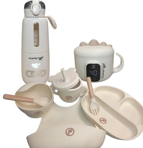 Popetes Kids – Kit de Alimentación infantil FOODY | Calienta biberones portátil + Calentador de alimentos inalámbrico + Vajilla de Silicona completa para Bebés (Blanco)