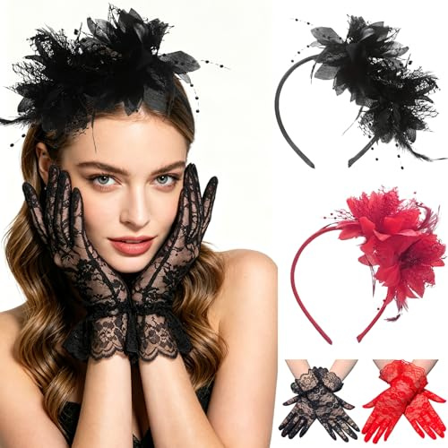 FOSDICK 2 Pcs Fascinator Chapeau Plume Mariage et 2 Paires Gants Dentelle, Chapeau Fascinator Femme, Fascinators Bandeau Plumes, Dames Day Bandeau pour Cocktail Tea Party Mariage (Noir,Rouge)