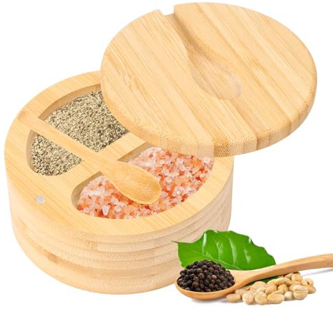 Byffoer Salero de bambú, recipiente de sal con tapa giratoria magnética y cuchara de 2 compartimentos, caja de almacenamiento para especias, sal y pimienta