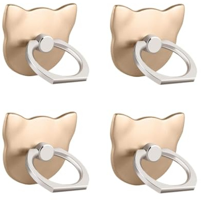 Msagkah Lot de 4 supports anneau de téléphone en forme de chat, 4 supports en anneau solides et antidérapants, rotatifs à 360° pour téléphones et tablettes (doré)
