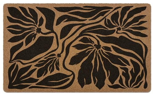 XLDLIOO Boho Floral Door Mat, Black Boho Floral Doormat, Flower Welcome Front Door Mat Outside Indoor Outdoor Entrance, Botanical Artificial Coir Doormats Rugs for Patio Entry Home Decor, 30x17in