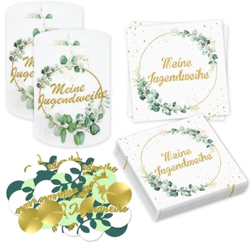 Jugendweihe Deko, 20 Stück Servietten Jugendweihe +12 Windlicht +100 Konfetti Tischdeko, Meine Jugendweihe Dekoration Eukalyptus Grün Gold, Jugendweihe Deko Mädchen Junge, Party deko Geschenke