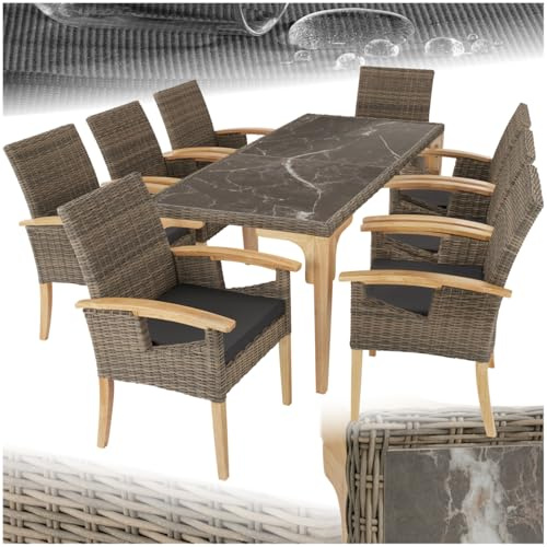 tectake® Set Tavolo in Rattan Foggia e 8 Sedie in Rattan Rosarno, Imbottiture Comode, Resistente ai raggi UV, Intreccio pregiato, Telaio in Legno Massiccio, da giardino, esterno, terrazzo - Naturale