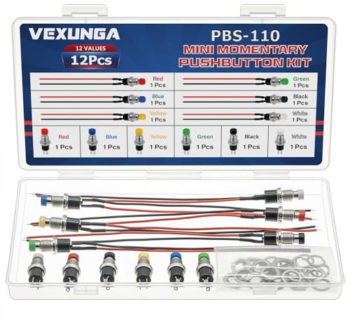 VEXUNGA Mini Momentáneo Poussoir 1A 250V AC 6Piezas Pulsador Momentáneo Precableado y 6 Piezas 2 Pin Momentáneo Botón Redondo Interruptor SPST Normal Abierto ON/OFF Botones Colocar (12 Piezas)