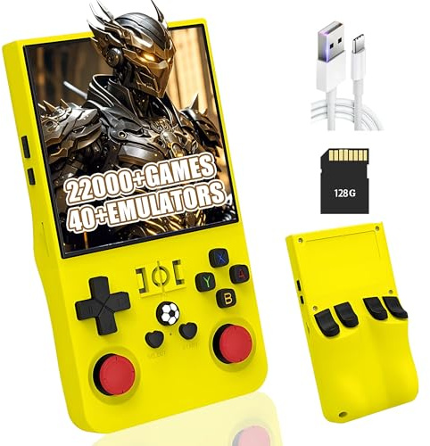 R36MAX Consola de Juegos Portátil Retro,22000+/18000+ Juegos,40+ Emuladores,Batería de 8 Horas 4000mAh,Pantalla IPS de 4″ Consola de Videojuegos Portátil,Linux de código Abierto (Amarillo-128G)
