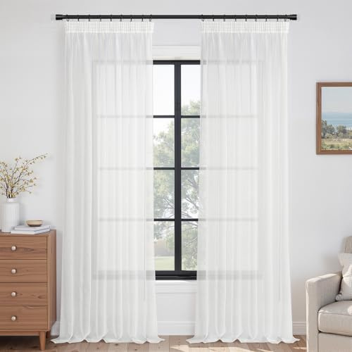 Topfinel Gardinen Weiß Transparent Vorhänge Vorhang übergardinen mit kräuselband Vorhangschals Ösenvorhang Deko Kinderzimmer Schlafzimme 140x260cm Schlaufenschal 2er Set