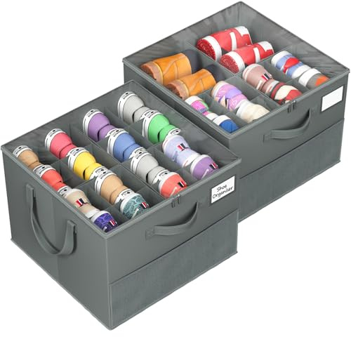 NestOrganix 2 Pack Shoe Organizer for Closet, Large Shoe Box Storage Containers, Foldable Shoe Storage Organizer Box Bin with Adjustable Dividers and Clear Cover, Space Saving Shoes Holder, Gray