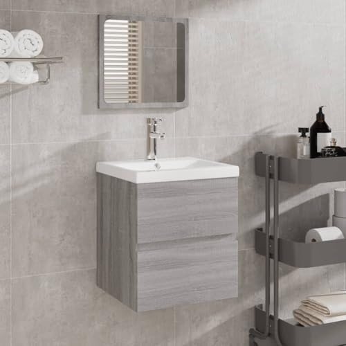 Qnhdfrt Sonoma - Mobile sottolavabo con specchio grigio, 41 x 38,5 x 45 cm, design moderno con vasca da incasso per bagno e lavanderia