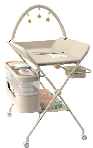 HUOLE Klappbare Wickelkommode, Baby Wickelkombi, mobiler Wickeltisch mit Wickelauflage und Ablagefächern, platzsparend und stabil,75 x 68 x 83–91 cm (B) Cremeweiß