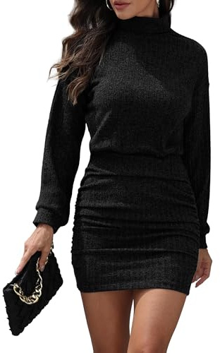 GRECERELLE Womens Jumpers Dress Winter Sexy Soft Long Sleeve Turtle Neck Cute Bodycon Mini Short Dresses with Elastic Waist, Ruched Sides