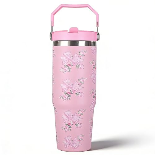 VorErgyllic Pink Bow Tumbler, Stainless Steel Water Bottle 30oz, Insulated Travel Mug with Handle, Bow Design Cup for Car Cup Holder, Leak Proof Vacuum Insulated Drinkware for Adults Office Home