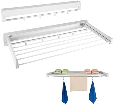 OUBUBY Väggtorkare utdragbar 84 cm torkställning vägg utdragbar med 4 extra klädkrokar, 84 × 43,5 cm vit utdragbar vikbar torktumlare för badrum och balkong