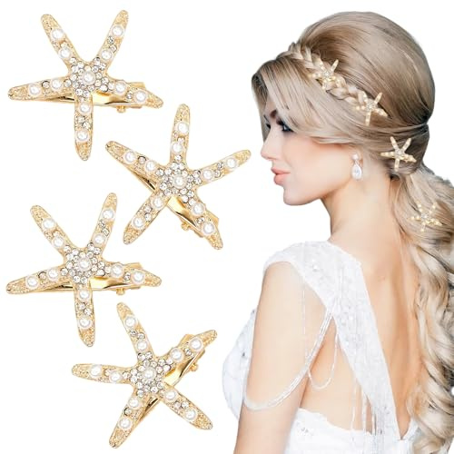 4 Stück Seestern Haarspangen, Strand Seestern Haarspange, Perle Haarspange Haarnadel, Glitzer Strasssteine Seester Haarschmuck, Meerjungfrau Kostüm Accessoires Damen, für Fasching Karneval Mottoparty