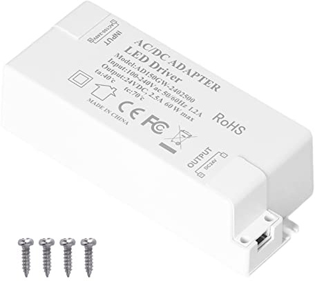 Transformador LED DC24V 2.5A 60W, Fuente de Alimentación para Lámparas DIY, Entrada AC100-240V - Salida de Voltaje Constante, Protecciones Integradas, Uso en Iluminación Interi