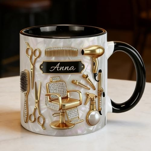 Taza de peluquería personalizada 2D, taza de café con nombre personalizado, herramientas de peluquería, taza de cerámica, regalo divertido de estilista, regalo de salón de belleza para estilista