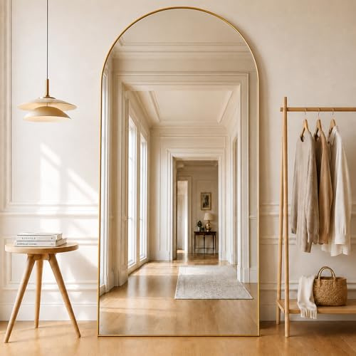 Arched Floor Mirror, Full Length Mirror with Stand 180x80cm, Gold | Full Length Mirror with Stand, Aluminium Alloy Frame, Tempered Glass, for Bedroom, Living Room, Cloakroom