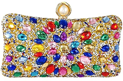Boutique De FGG Perlenverschluss Kristall Clutch Taschen für Damen Abendtaschen Hochzeitsfeier Strass Clutch Handtasche,Mini,Buntes Gold