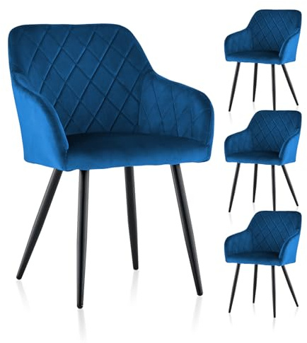 TUKAILAI Esszimmerstühle 4er Set aus Samt, Küchenstuhl Polsterstuhl Wohnzimmerstuhl Sessel mit Armlehnen Rückenlehne Metallbeinen, für Küche Esszimmer Wohnzimmer Lounge,Blau