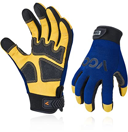 Vgo... Guanti da Lavoro Uomo in Pelle, Guanti da Meccanica Touchscreen, Guanti a 3 Strati Anti-vibrazione, Guanti da Edilizia Muratore Costruzioni Lavori Multipla PA7726 (M, 1 paio, blu e giallo)