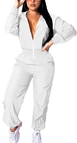 EOSIEDUR Women's One Piece Tracksuit Outfits Windbreaker Jacket Solid Crop Top Pants Jumpsuit Set White XL