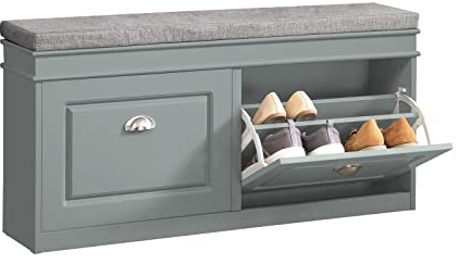 SoBuy Meuble Chaussure Rangement Chaussure Banc Chaussures Entrée - 2 Abattants avec Coussin Amovible, Coffre de Rangement Étagère pour Entrée Étroit Bois Laqué, L104xP24xH51cm, Gris, FSR64-HG