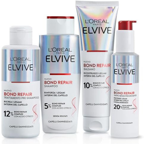 L'Oréal Paris Elvive Bond Repair Kit con Pre-Shampoo, Shampoo, Balsamo e Siero Senza Risciacquo, per Capelli Danneggiati, Ricrea i Legami Interni del Capello, Con Acido Citrico