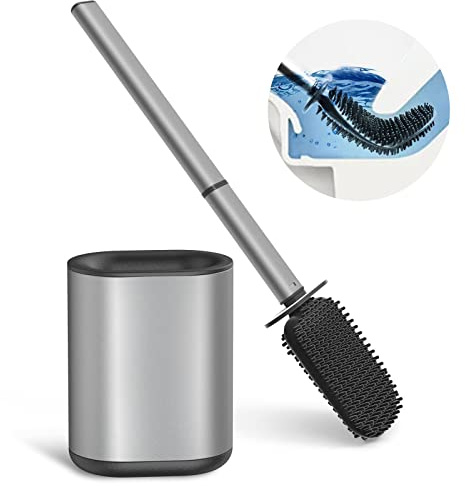 HOMEASY Brosse WC, Brosse Toilette Silicone avec Support Acier Inoxydable pour Nettoyage en Profondeur, Au Sol ou Montage Mural, Gris