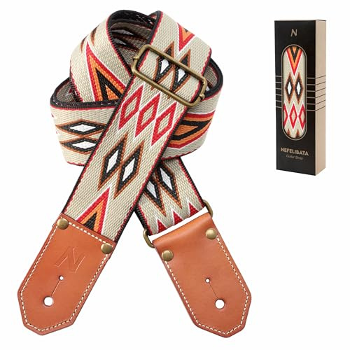 Nefelibata Sangle de guitare tissée cool – Sangles de guitare en coton avec première couche épaisse en cuir de vache tanné végétal pour acoustique, basse, électrique