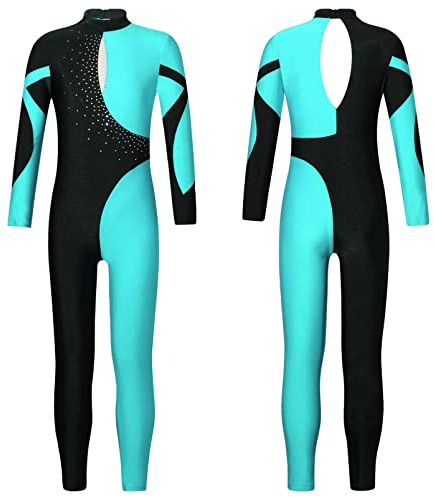 Aislor Kids Girls One-Piece Catsuit Gymnastics Bodysuit Full Length Unitard Dancewear Dance Leotard Jumpsuit Blue Green B 11-12 Years
