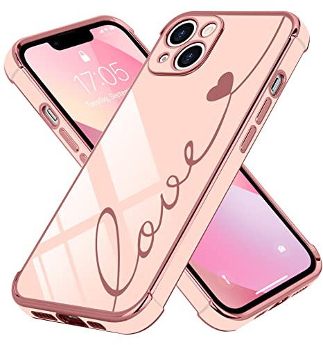 LCHULLE per iPhone 13 Cover Amore Cuore Ragazza Silicone,Rosa | Custodia con Motivo a Cuori, Galvanico Silicone Antiurto Cover per Ragazze e Donne,Protezione Fotocamera,Cute Love Case