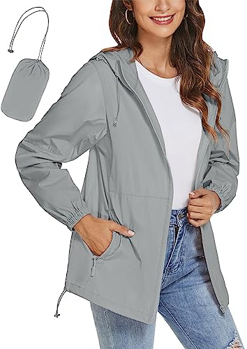 iWoo Waterproof Jackets Women Summer Jacket Lightweight Packaway Rain Coats For Women Uk Raincoats Grey L