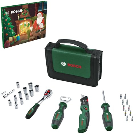 Bosch Calendrier de l'Avent 2023 28 pièces pour bricolage (kit d'outils avec cliquet ¼, tournevis universel, couteau pliant, décapsuleur, embouts et douilles ; dans un sac de rangement)