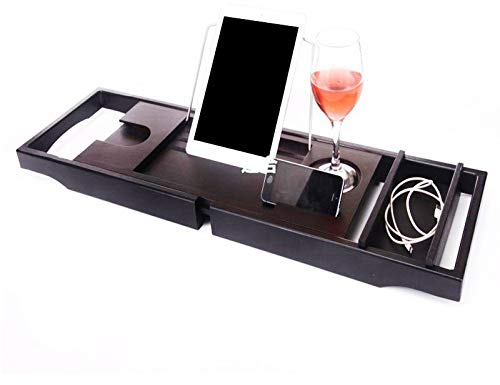 Tablett Bambus-Badewannentablett – Badewannen-Caddy/Regal, Erweiterbarer Badewannentablett-Organizer Für Badewanne Mit Weinfächern Und Buchhalter (Schwarz)