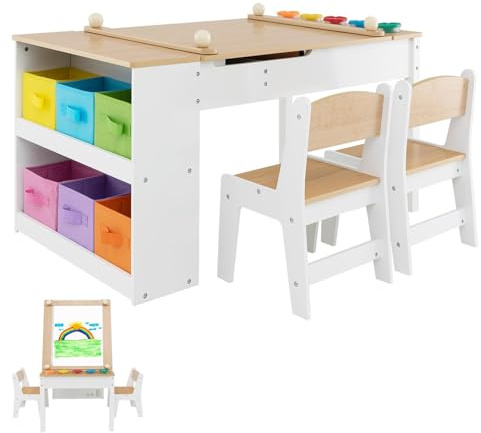 LIFEZEAL Tavolino Bambini, 3 Pezzi in Legno, Tavolo per Bambini con Sedie, Tavolo Artistico, con Piano Sollevabile, Rullo di Carta, Vaschette per Vernici e 6 Contenitori, per Bimbi 3 Anni + (colorate)
