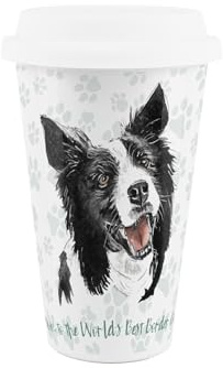 Purely Home World's Best Border Collie Dog Ceramic Travel Mug - Novelty Gifts for Dog Mums - Reusable Silicone Lid Double-Walled Insulated Hot/Cold Drinks Tea Coffee Cup