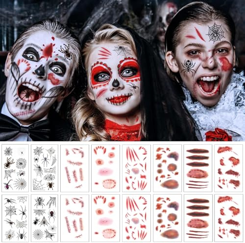 Gesichtstattoo Karneval, 17 Blatt Halloween Tattoo Kinder, Narben Wunde Spinnen Gesicht Tattoos Zubehör, Fasching Erwachsene Kinder Teufel Zombie Vampir Kostüm Mädchen Jungen Accessoires Aufkleber